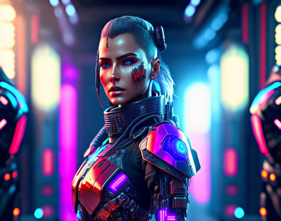 Female Cyborg with Blue Neon Lighting and Futuristic Armor in Sci-Fi Setting