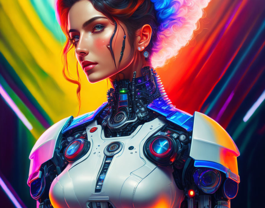 Female Cyborg Portrait with Mechanical Features on Rainbow Background