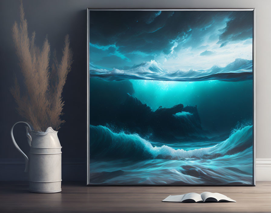 Surreal underwater painting with white vase, dried grasses, and open book