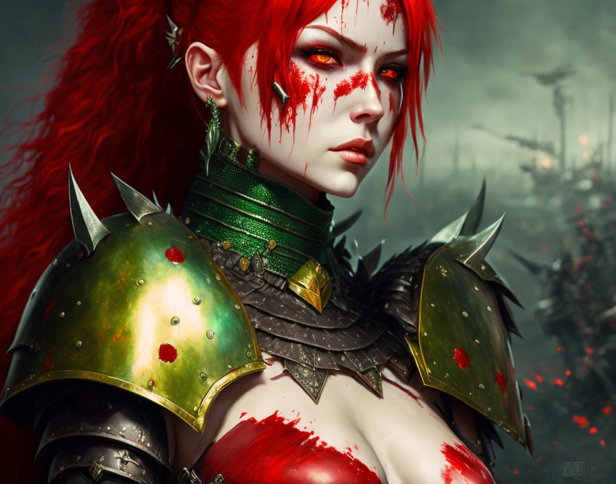 Red-Haired Female Warrior in Spiked Green and Gold Armor on Misty Battlefield