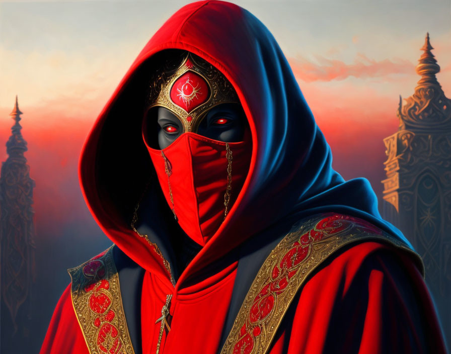 Person in Red and Gold Cloak with Mask in Front of Red Sky and Towers