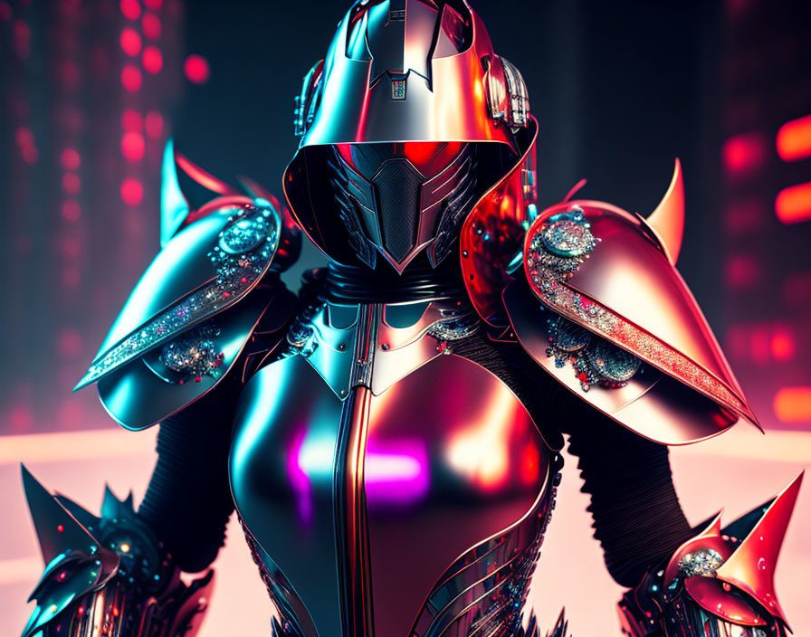 Shiny armor-clad futuristic knight in cyberpunk cityscape