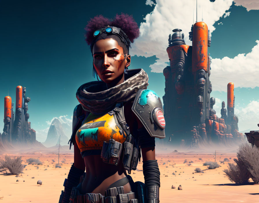 Woman with cybernetic enhancements in desert with futuristic structures