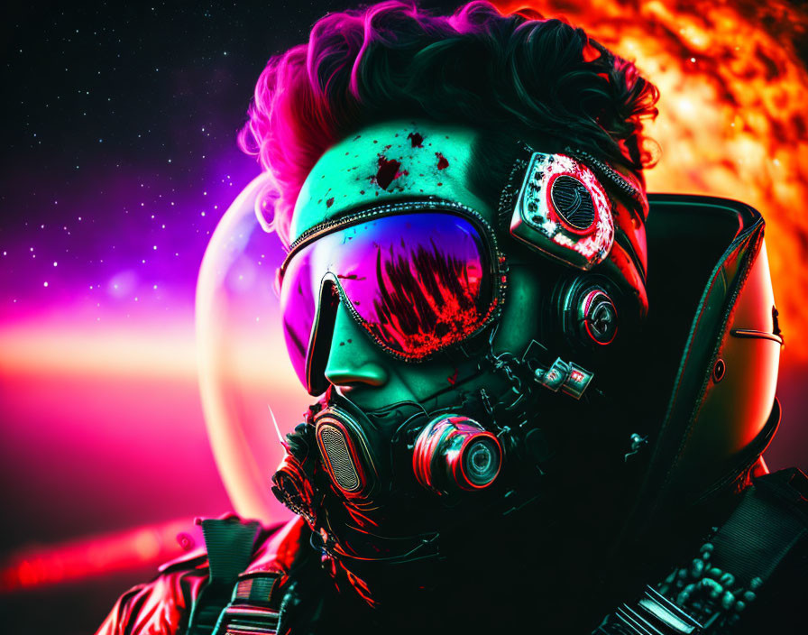 Colorful Stylized Astronaut Portrait with Cosmic Background