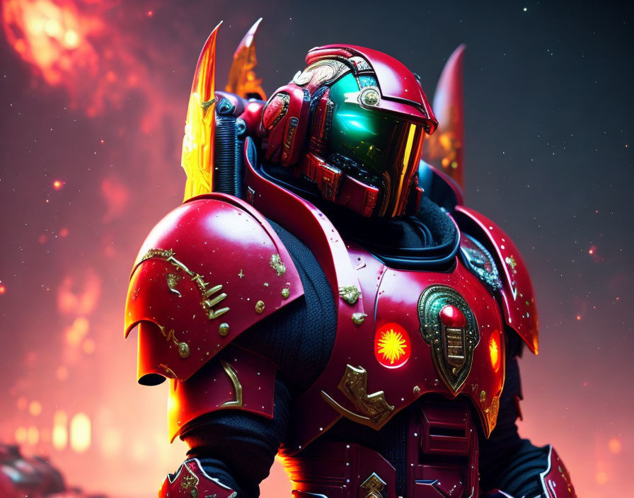 Futuristic knight in red and gold armor against fiery backdrop