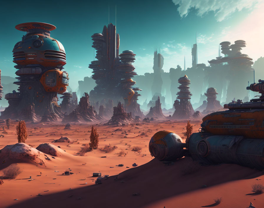 Otherworldly desert landscape with towering rock formations and futuristic structures.