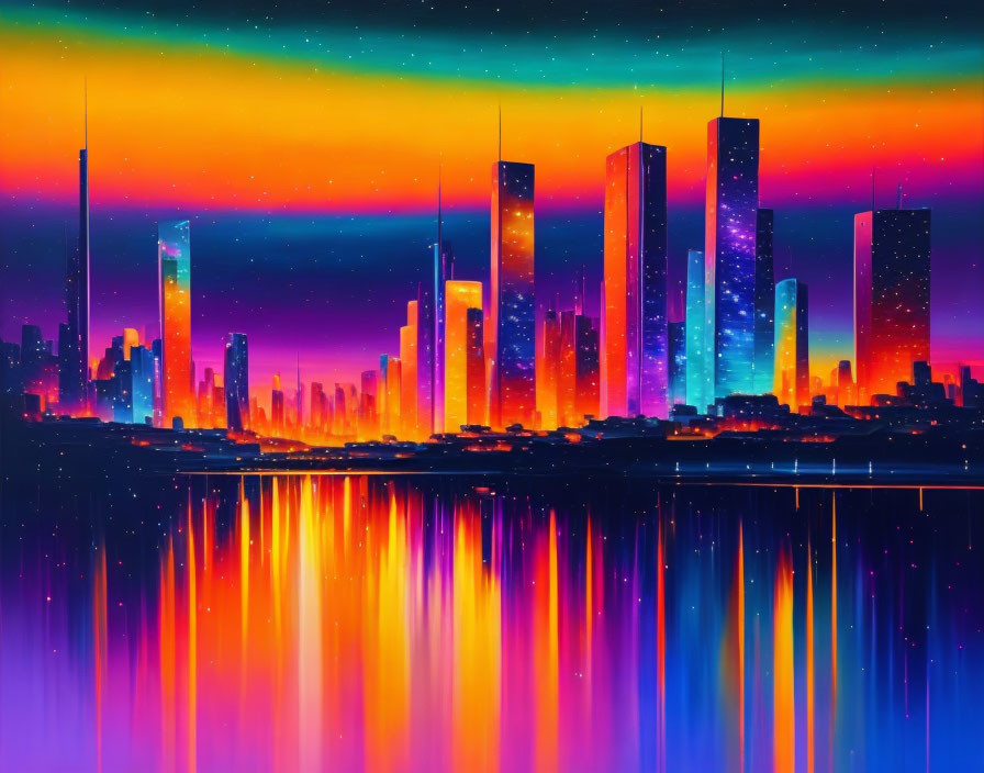 Cityscape Digital Artwork: Neon Sky & Water Reflections