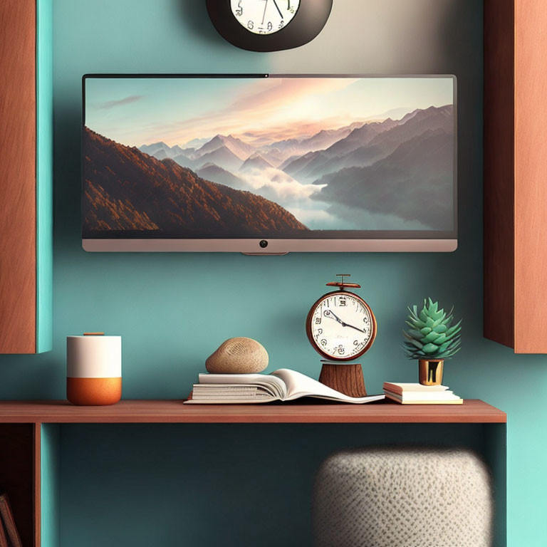 Wall-mounted monitor with mountain landscape in modern workspace