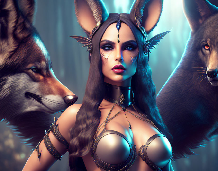 Fantasy woman with wolf-like ears, adorned with ornate jewelry, flanked by two wolves in