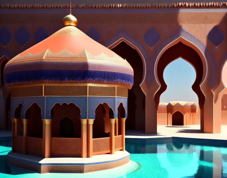 Golden Dome Pavilion with Reflective Pool and Vibrant Hues