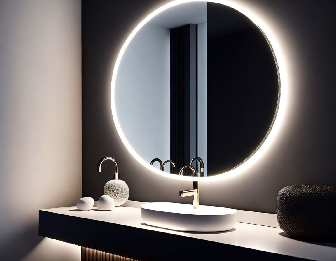 Modern Bathroom Vanity with Large Circular Mirror & Gold Faucet