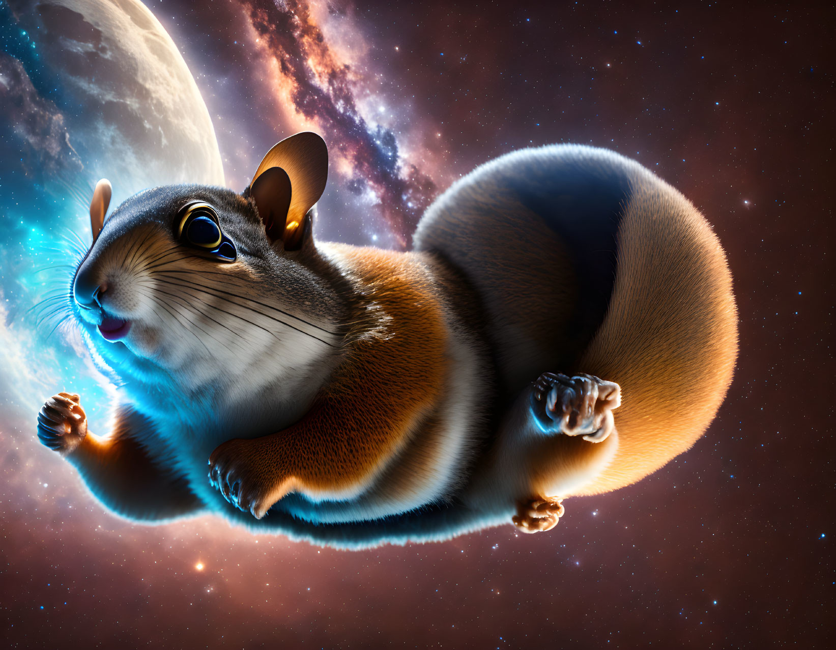 Whimsical digital illustration of squirrel in space