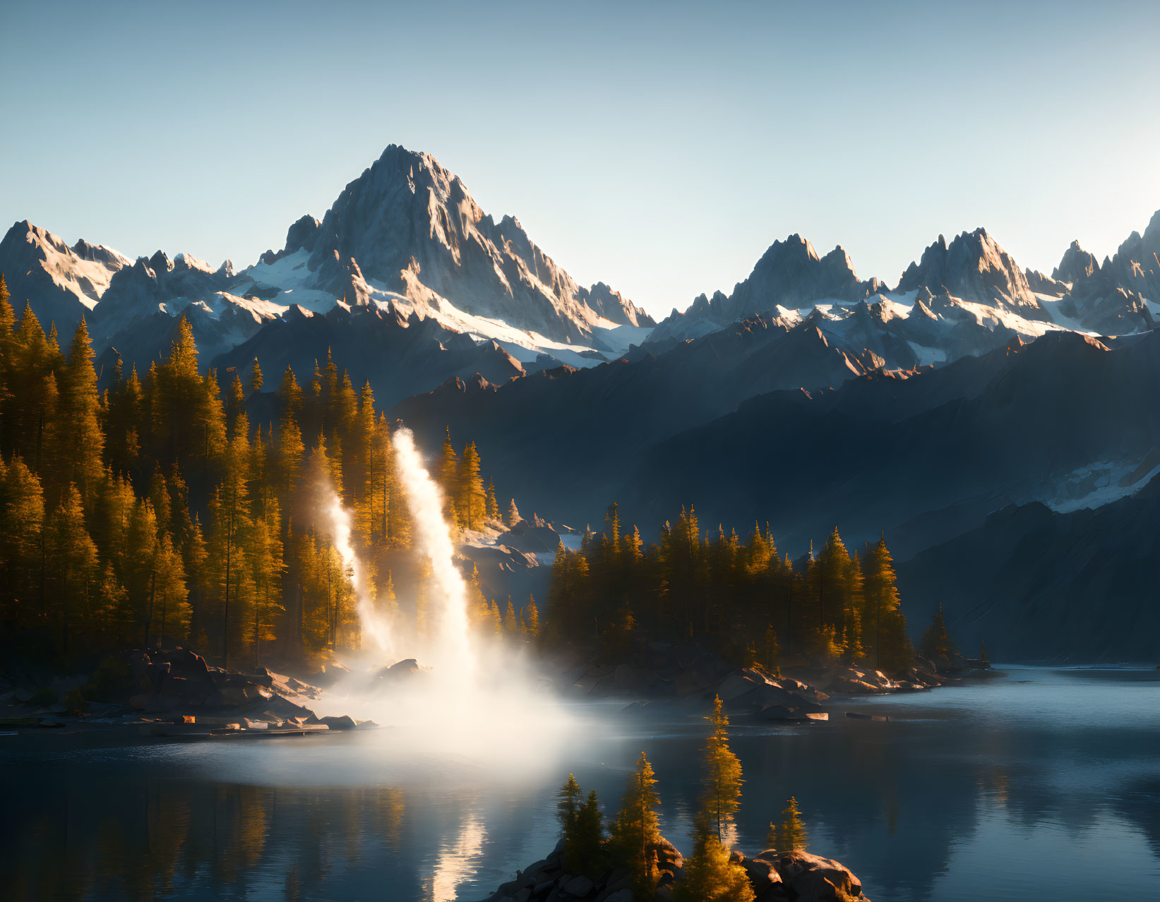 Tranquil mountain landscape with dense pine forest and serene lake