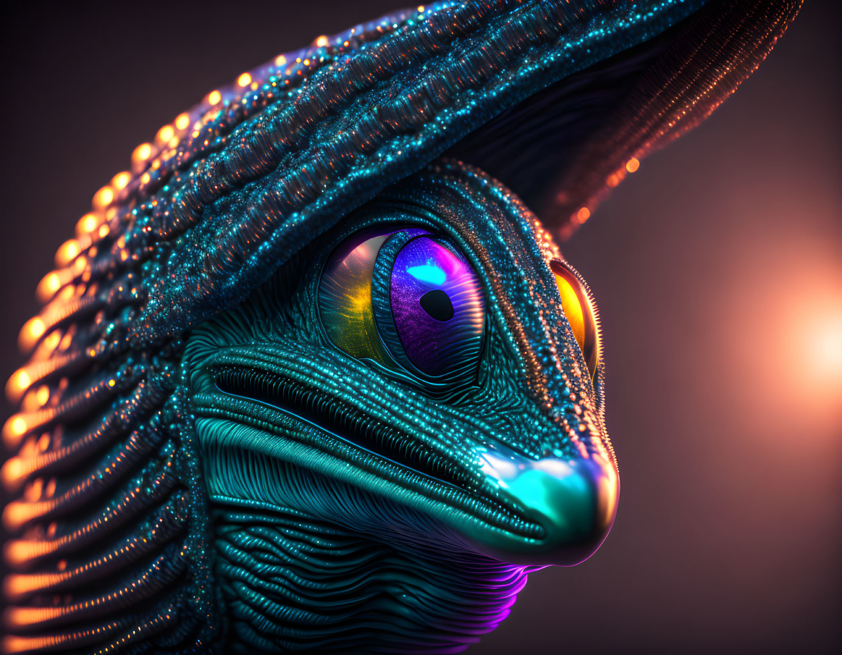 Close-up Image of Fantastical Creature with Iridescent Scales and Expressive Eye