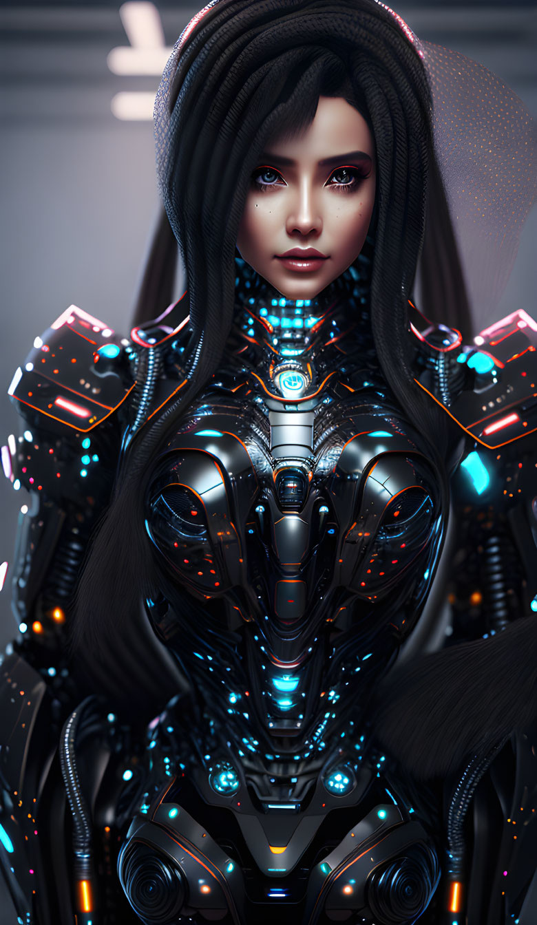 Dark-haired woman in futuristic illuminated armor suit with striking eyes