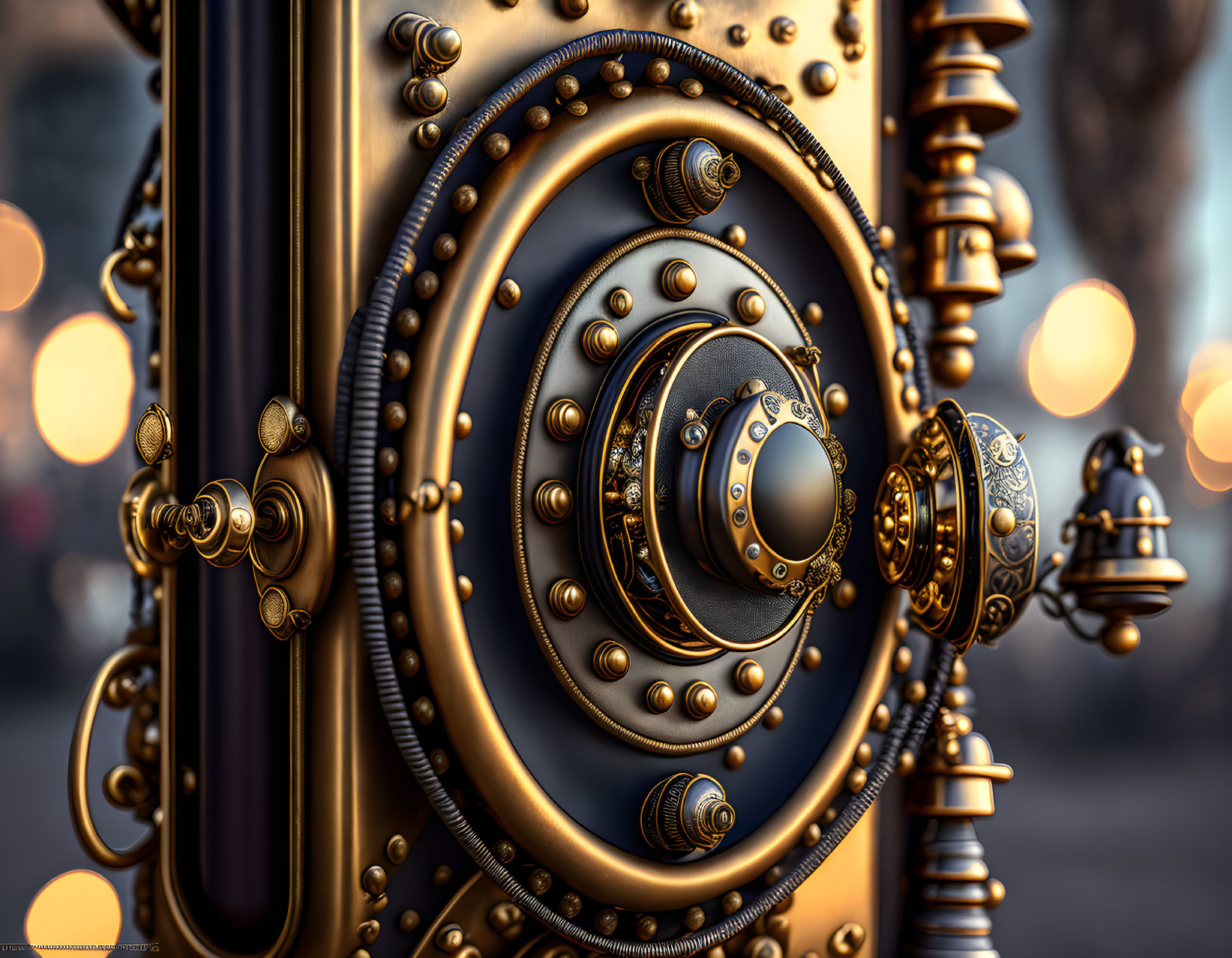 Steampunk-style device with brass gears and ornate details