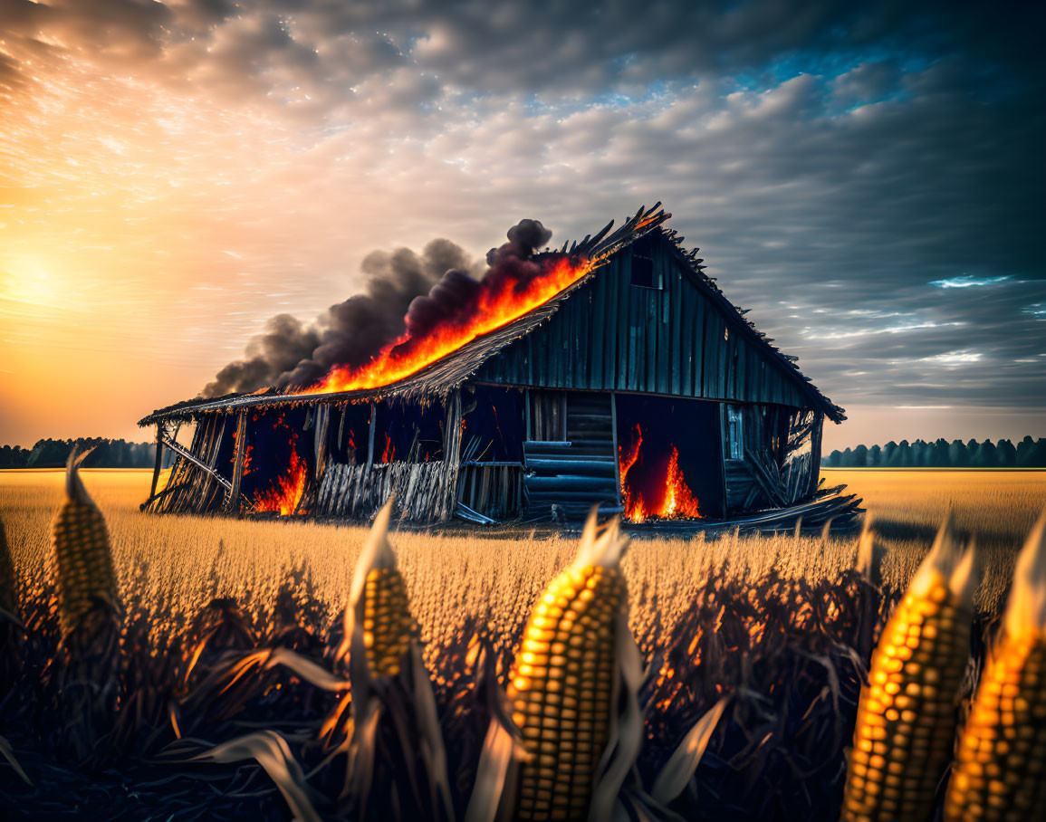 Burning wooden barn in cornfield at sunset