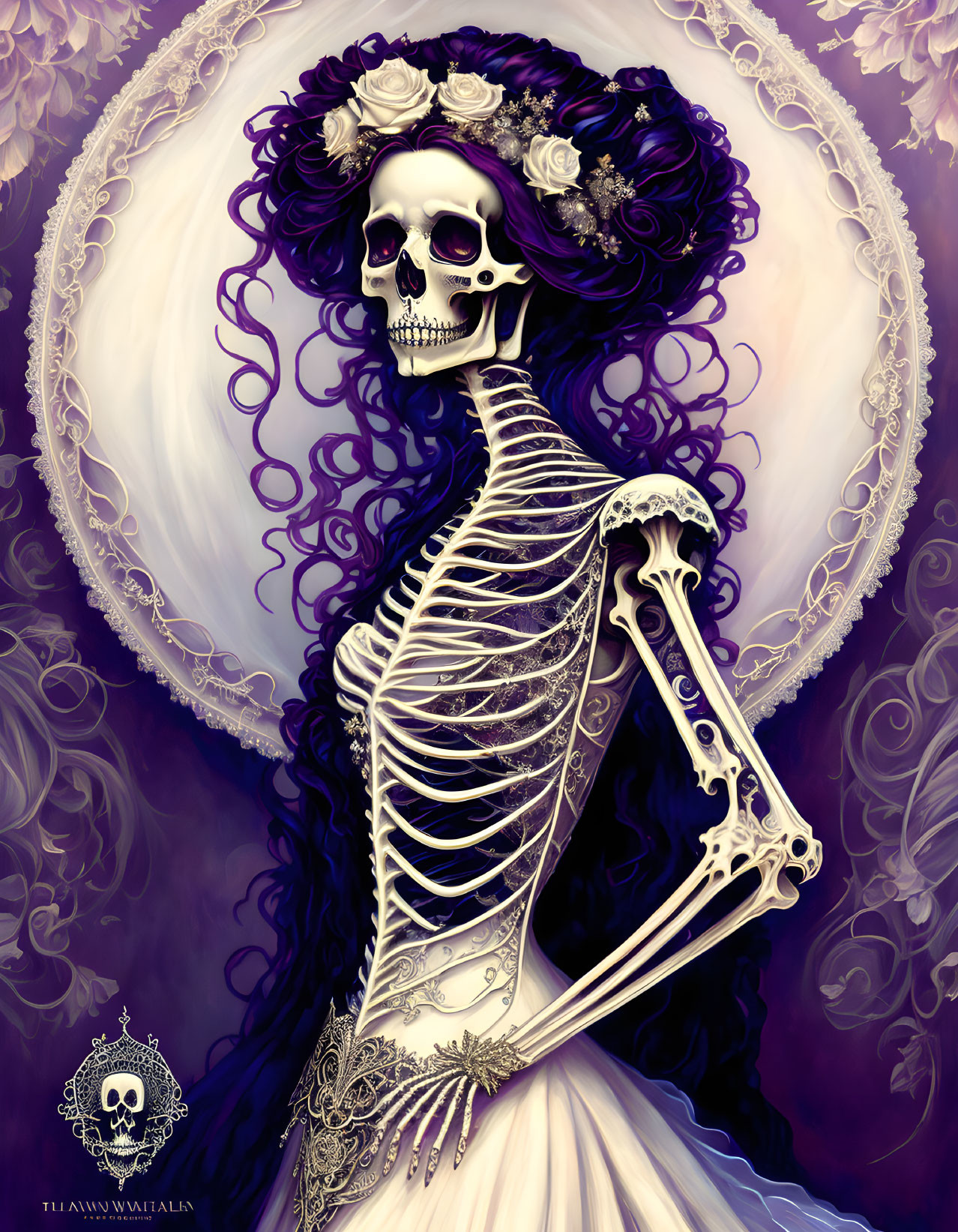 Skeletal figure with floral headpiece in white dress on purple background