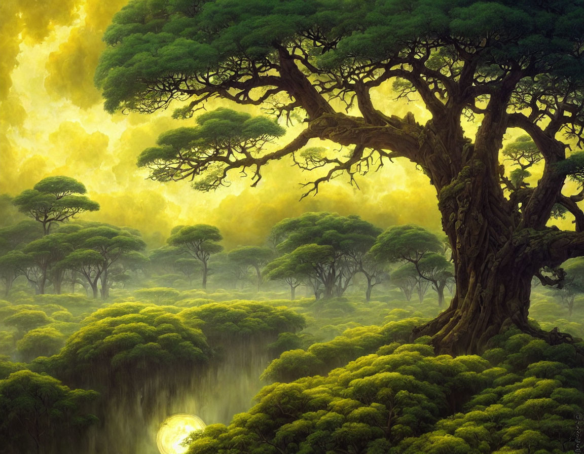 Mystical forest scene with large tree, misty backdrop, and luminous sky