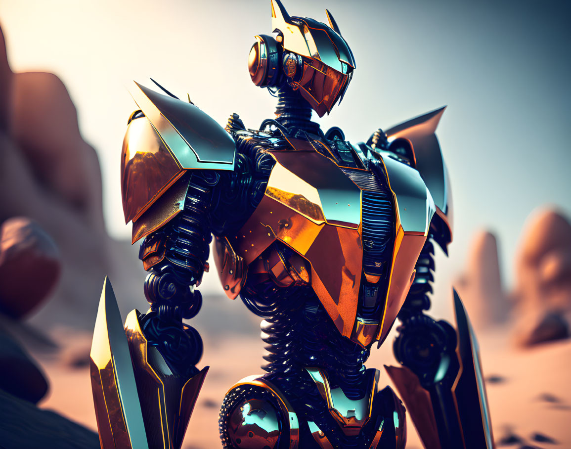 Detailed Futuristic Golden and Black Armored Robot in Warm-Toned Sky