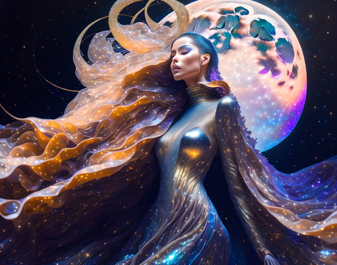 Surreal illustration of woman blending with galaxy and crescent moon