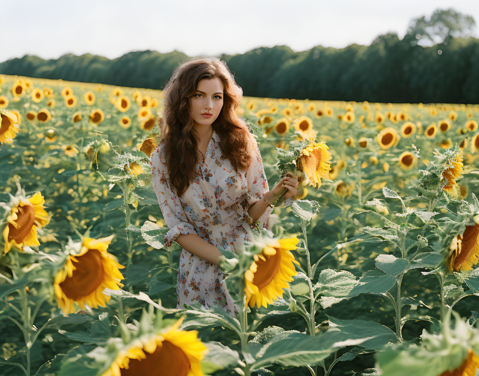 Woman in floral dress surrounded by sunflowers in sunlit field.