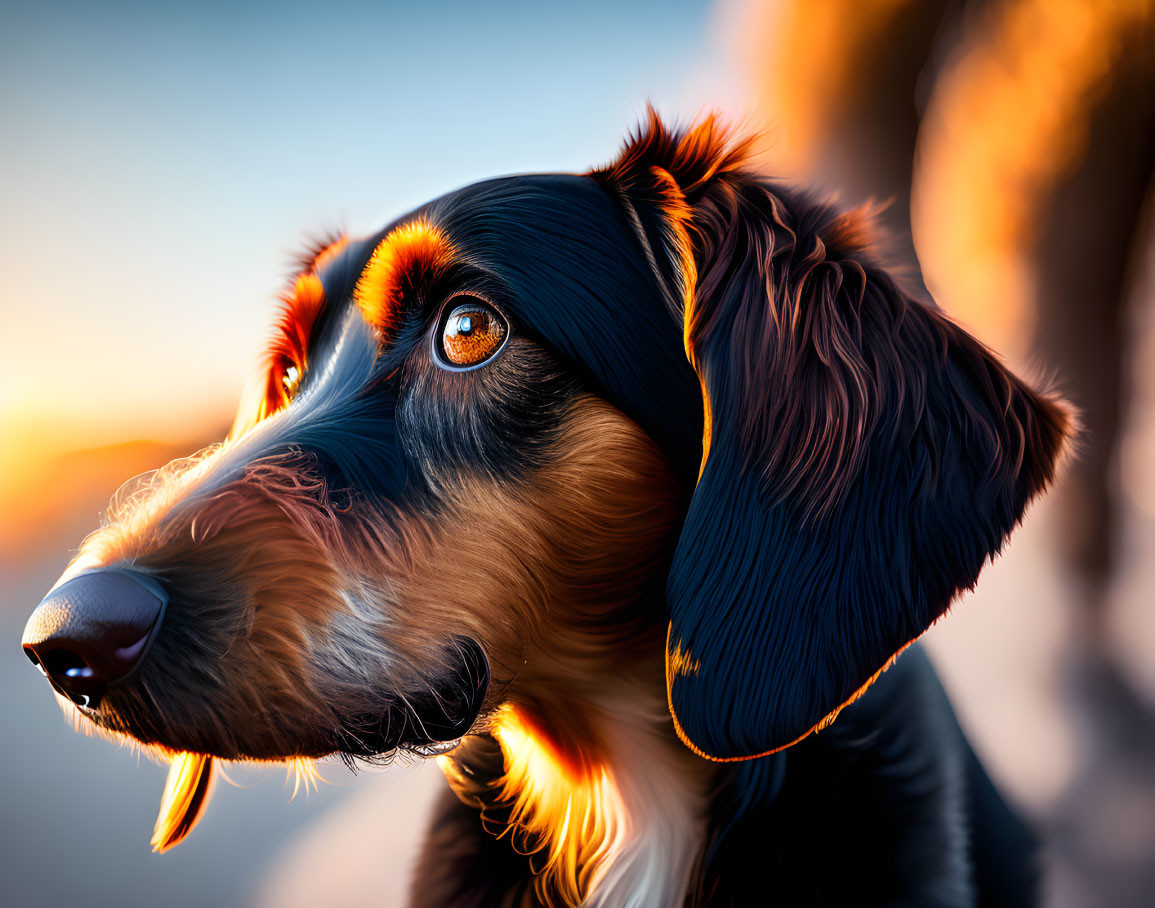 Close-up of Black and Tan Dog with Alert Ears and Soulful Eyes at Sunset