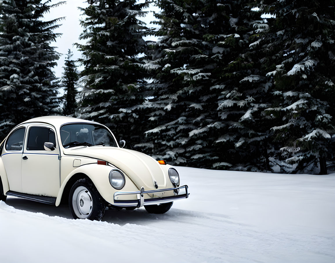 Classic Cream Volkswagen Beetle in Snowy Winter Scene