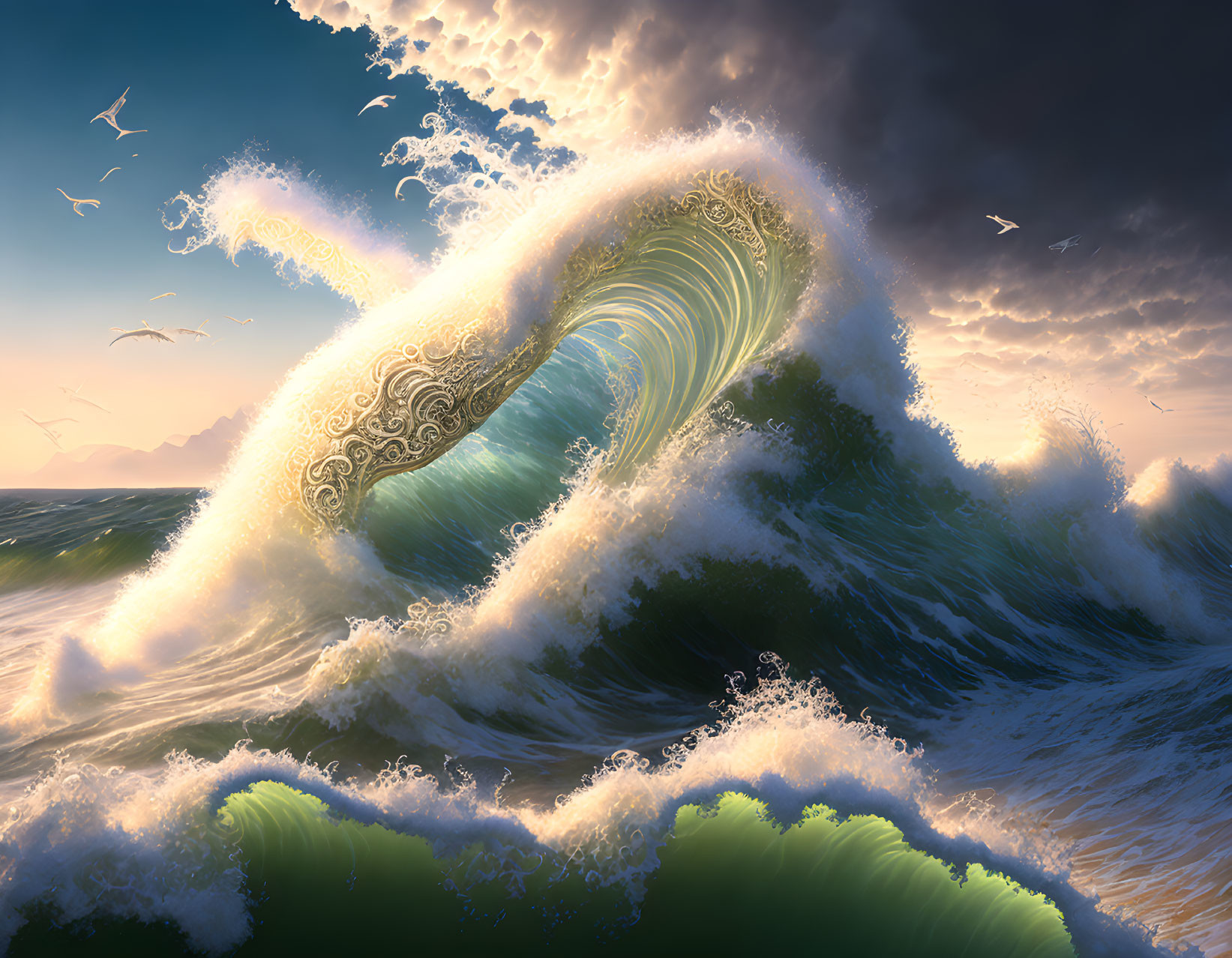 Detailed digital artwork of large cresting wave under dramatic sky