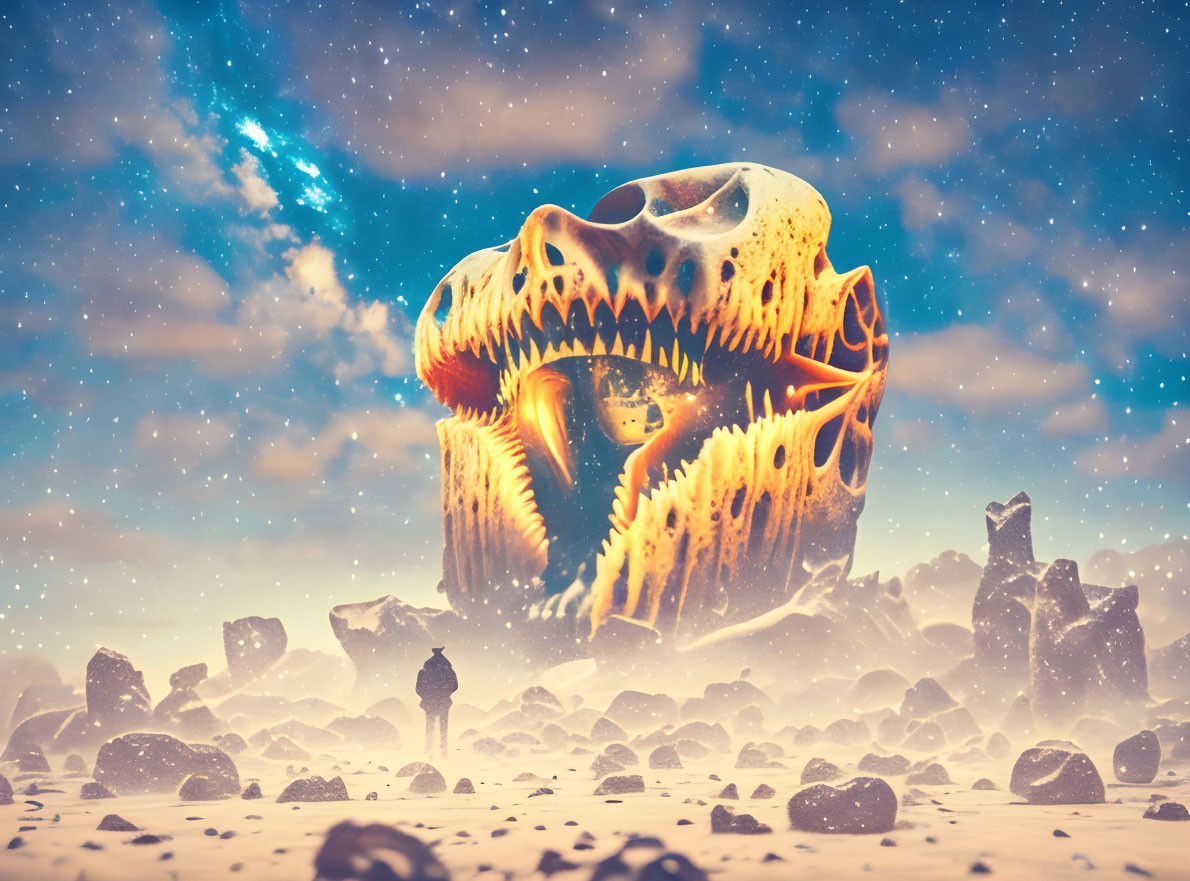 Person on rocky alien landscape under starry sky facing giant glowing skull