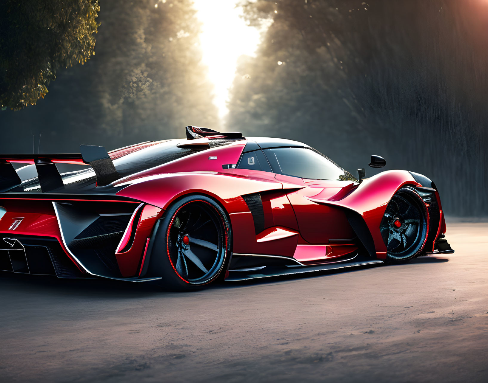 Red sports car with aerodynamic design, rear spoiler, and black accents parked under sunbeam.