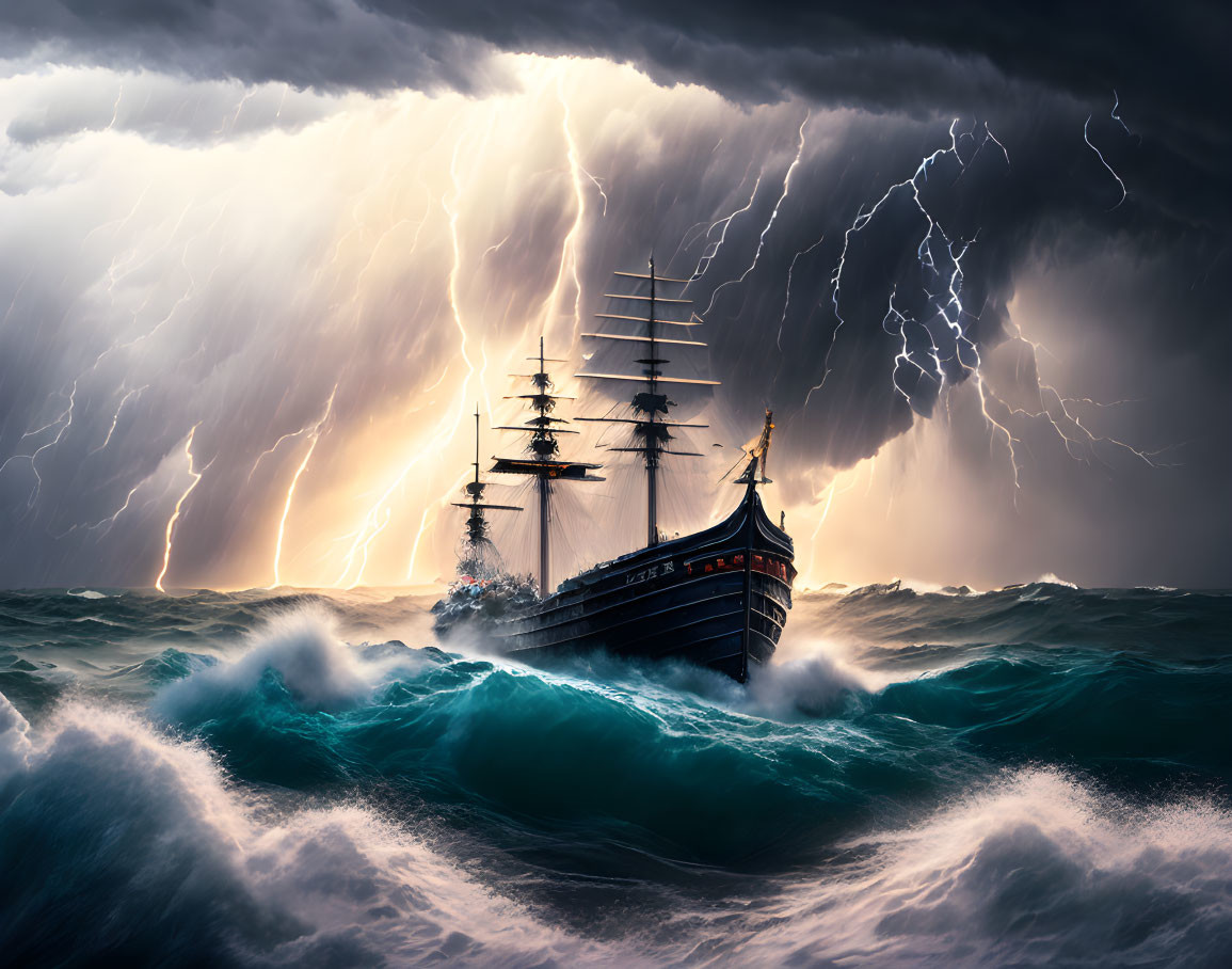 Tall Ship in Stormy Seas with Lightning Strikes