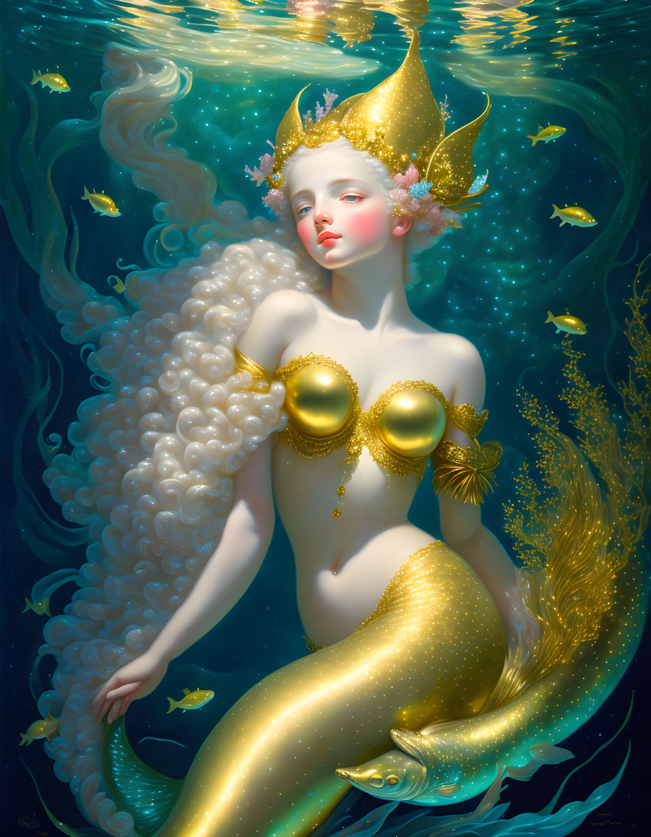 Golden-hued mermaid with regal crown swimming in blue water with goldfish
