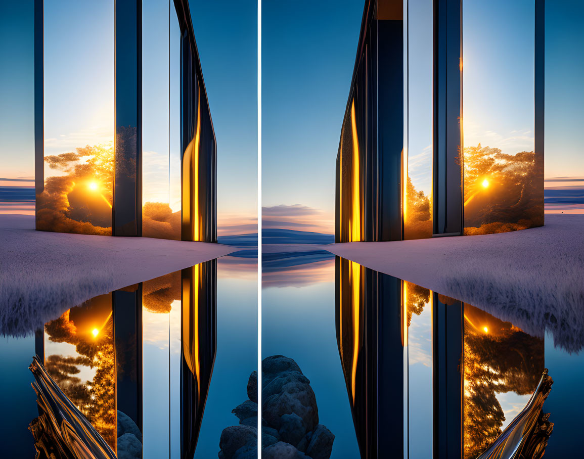 Symmetrical sunset reflection on still water through vertical glass panels
