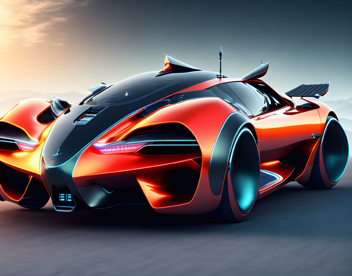 Futuristic Red Sports Cars with Glowing Blue Lights on Open Road at Dusk