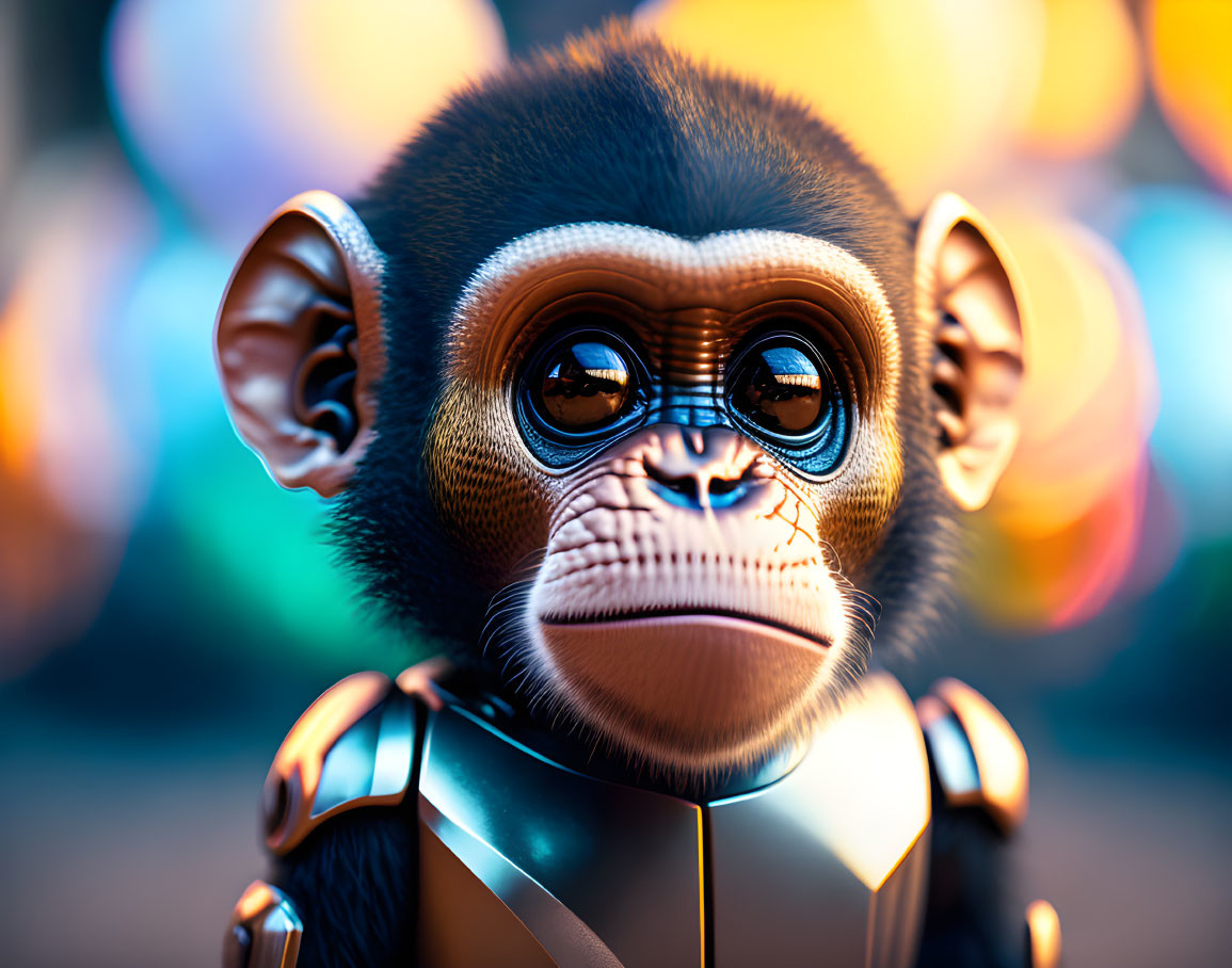 Detailed CGI robotic monkey with reflective eyes in colorful backdrop
