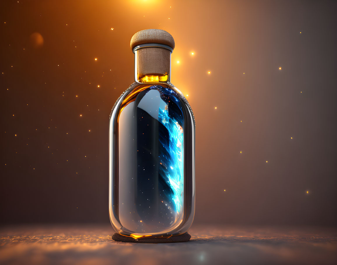 Glass bottle with swirling galaxy and warm glowing backdrop