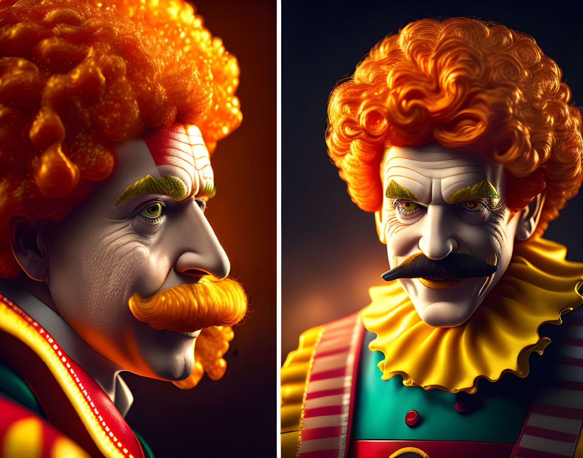 Detailed 3D male clown illustration with orange hair and colorful costume