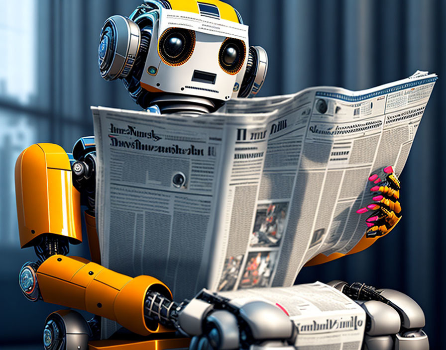 Humanoid robot with orange arms reading a newspaper sitting down