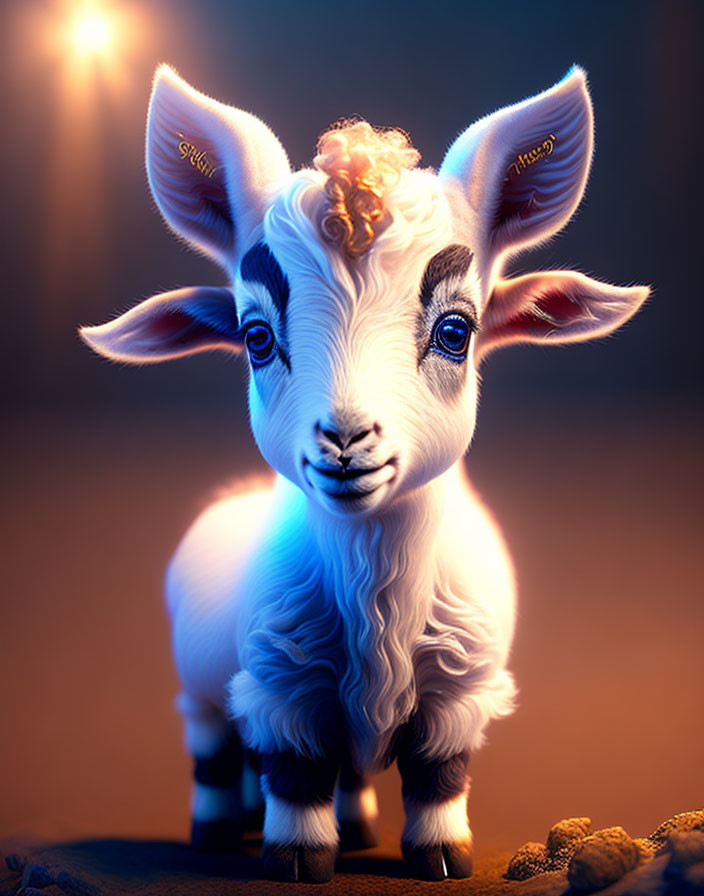 Stylized image of cute baby goat with blue eyes & golden horns