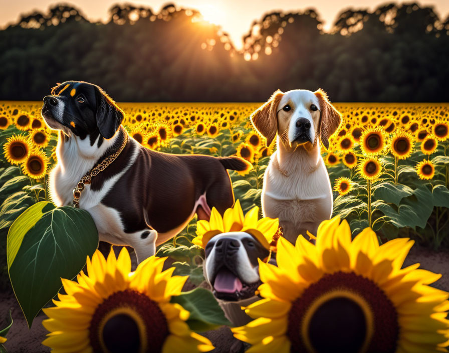 Sunset scene: Two dogs in sunflower field, one gazing up, the other forward,