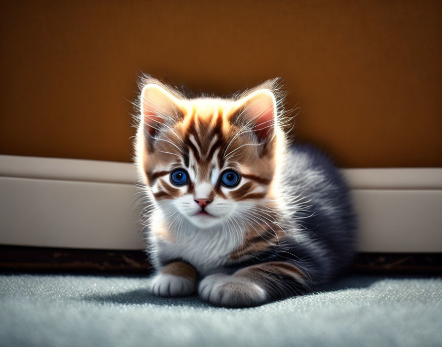 Fluffy Tabby Kitten with Blue Eyes on Blue Surface