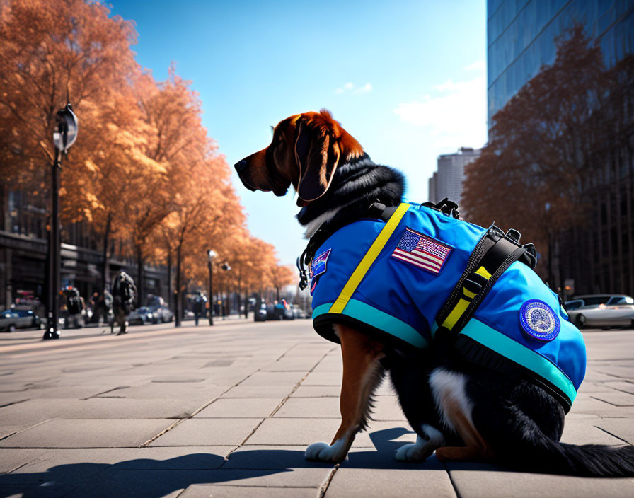 Service dog in USA flag vest sits on sidewalk with autumn city backdrop