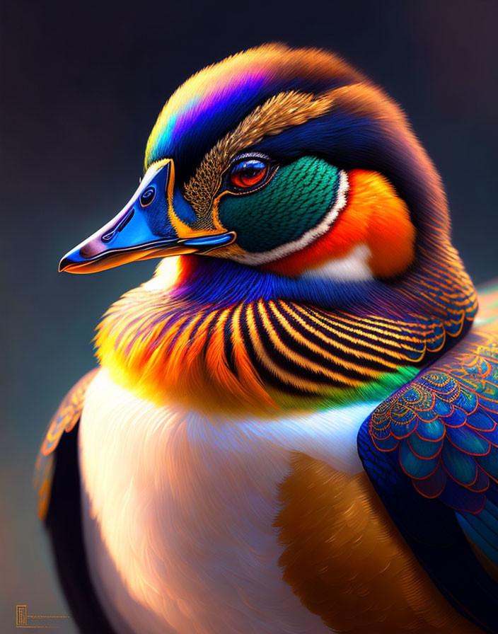 Colorful Illustration of Mandarin Duck with Intricate Feather Patterns