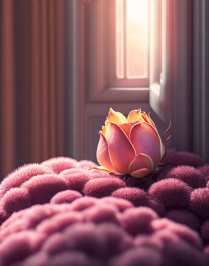 Pink Tulip on Soft Textured Surface with Sunlight Streaming Through Window