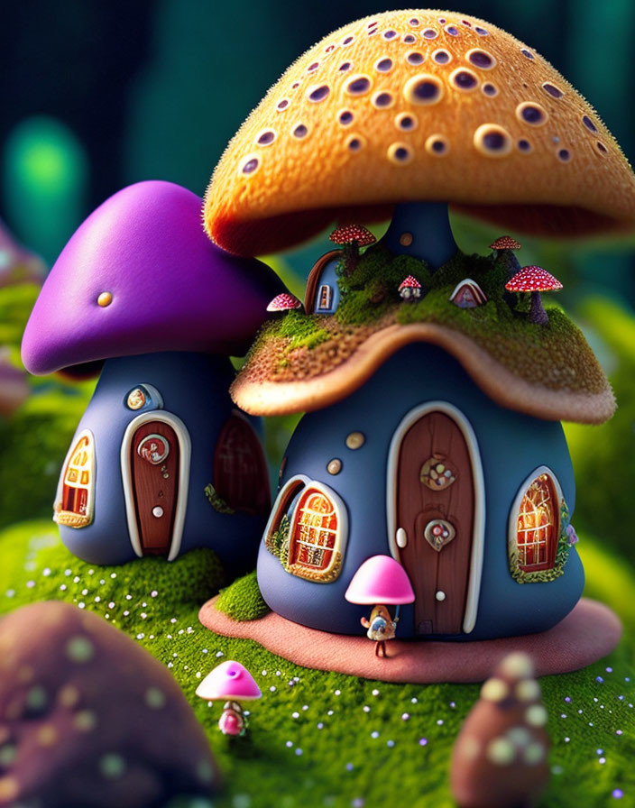 Whimsical mushroom houses in vibrant grassy setting