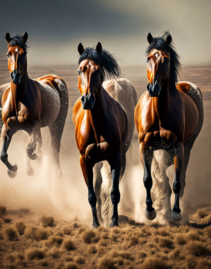 Majestic bay horses galloping on dusty plain under dramatic sky