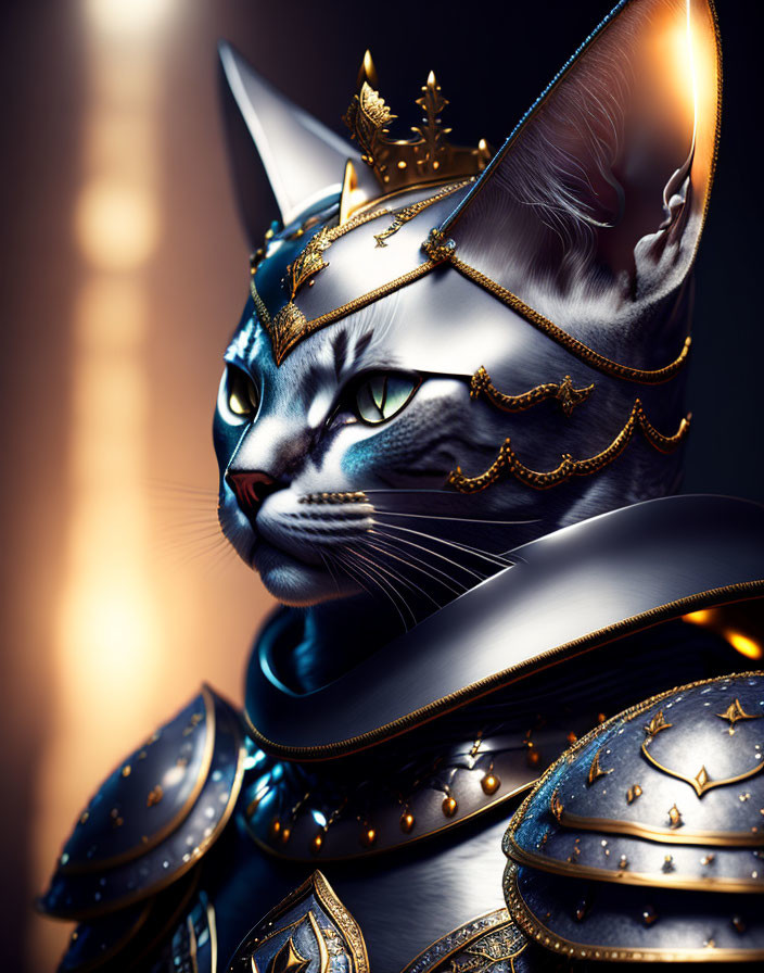 Regal Cat in Golden Crown and Armor on Glowing Background