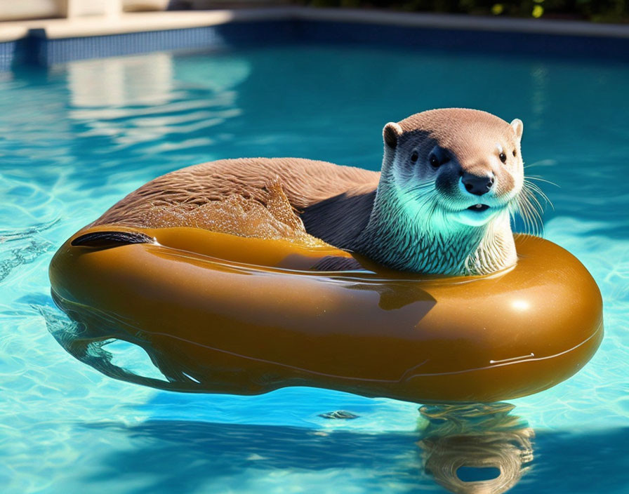 Otter relaxing on inflatable ring in swimming pool