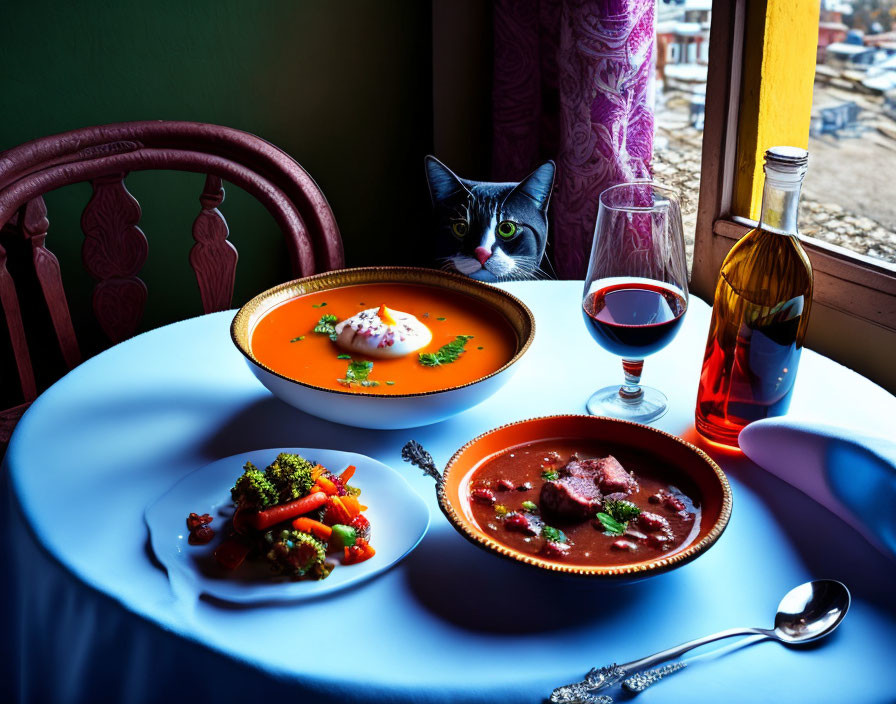 Cat peeking at table set with soup, vegetables, meat, wine, and bottle